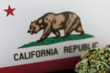 Medical Cannabis in  California - frosty medical cannabis and flag of California background.