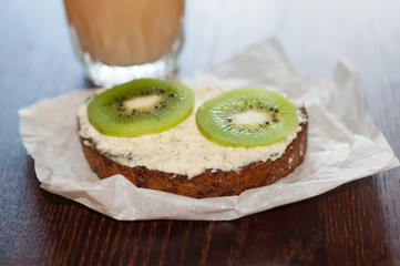 Healthy snack, lunch, kiwi sandwich and glass of juice