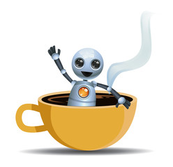 little robot playing on cup of coffee