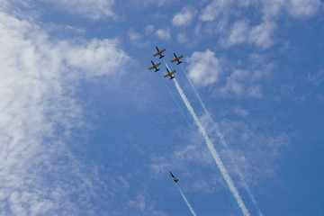 Sport planes in the sky making demonstrations on the day of victory 1941-1945: VERKHNYAYA PYSHMA, RUSSIA - 9 MAY 2019