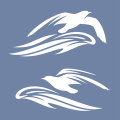 sea gull bird flying above ocean wave - vector silhouette design