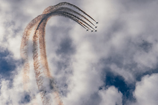 Air show on victory day from the aerobatic team Rus L39, planes fly against the blue sky: VERKHNYAYA PYSHMA, RUSSIA - 9 MAY 2019