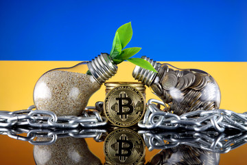 Bitcoin (BTC), green renewable energy concept, and Ukraine Flag. Electricity prices, energy saving in the cryptocurrency mining business.