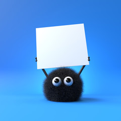 3d cute monster holding up a blank sign,colorful cartoon character,empty banner
