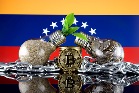 Bitcoin (BTC), green renewable energy concept, and Venezuela Flag. Electricity prices, energy saving in the cryptocurrency mining business.