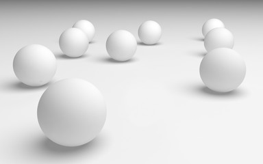 White abstract background. Set of white balls isolated on white backdrop. 3D illustration