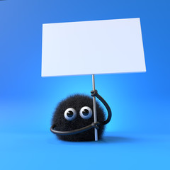3d cute monster holding up a blank sign,colorful cartoon character,empty banner