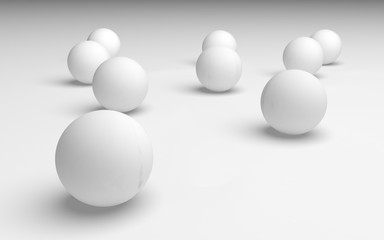White abstract background. Set of white balls isolated on white backdrop. 3D illustration