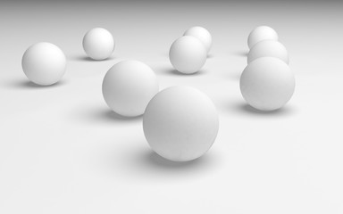 White abstract background. Set of white balls isolated on white backdrop. 3D illustration