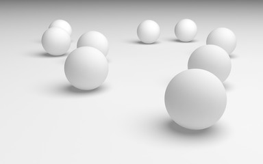 White abstract background. Set of white balls isolated on white backdrop. 3D illustration