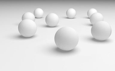 White abstract background. Set of white balls isolated on white backdrop. 3D illustration