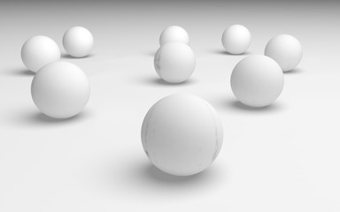 White abstract background. Set of white balls isolated on white backdrop. 3D illustration