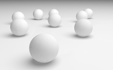 White abstract background. Set of white balls isolated on white backdrop. 3D illustration