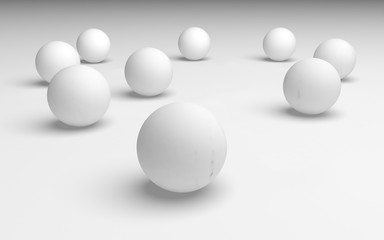 White abstract background. Set of white balls isolated on white backdrop. 3D illustration