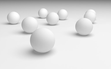 White abstract background. Set of white balls isolated on white backdrop. 3D illustration