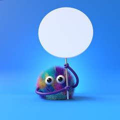 3d cute monster holding up a blank sign,colorful cartoon character,empty banner