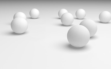 White abstract background. Set of white balls isolated on white backdrop. 3D illustration