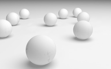 White abstract background. Set of white balls isolated on white backdrop. 3D illustration