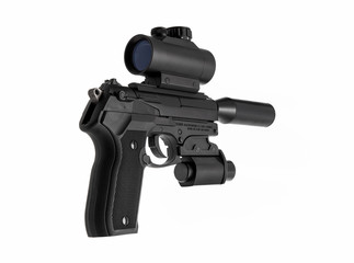 Obraz premium Modern pistol with collimator sight and silencer isolate on white background