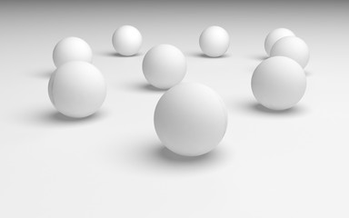 White abstract background. Set of white balls isolated on white backdrop. 3D illustration