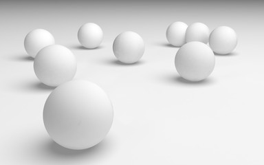 White abstract background. Set of white balls isolated on white backdrop. 3D illustration