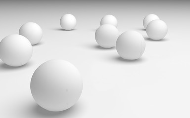 White abstract background. Set of white balls isolated on white backdrop. 3D illustration