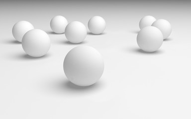 White abstract background. Set of white balls isolated on white backdrop. 3D illustration