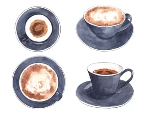 Papier Peint photo Café Ensemble dessiné à la main à l& 39 aquarelle avec une tasse noire en porcelaine de café expresso et cappuccino isolé sur fond blanc