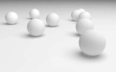 White abstract background. Set of white balls isolated on white backdrop. 3D illustration