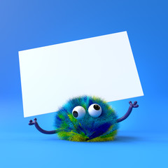 3d cute monster holding up a blank sign,colorful cartoon character,empty banner