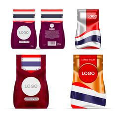 Foil food snack sachet bag packaging for coffee, salt, sugar, pepper, spices, sachet, sweets, chips, cookies colored in national flag of Thailand. Made in Thailand