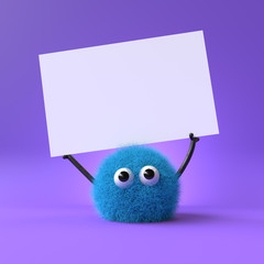 3d cute monster holding up a blank sign,colorful cartoon character,empty banner