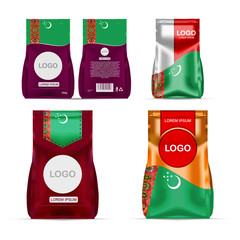 Foil food snack sachet bag packaging for coffee, salt, sugar, pepper, spices, sachet, sweets, chips, cookies colored in national flag of Turkmenistan. Made in Turkmenistan