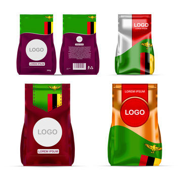 Foil food snack sachet bag packaging for coffee, salt, sugar, pepper, spices, sachet, sweets, chips, cookies colored in national flag of Zambia. Made in Zambia