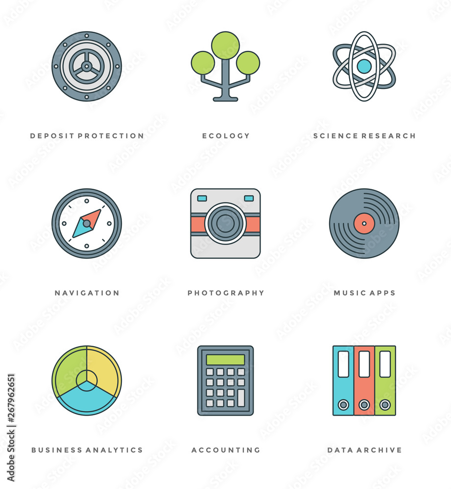 Poster flat line simple icons set. thin linear stroke vector essentials objects symbols.
