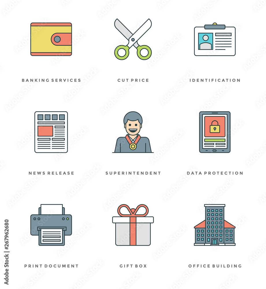 Poster flat line simple icons set. thin linear stroke vector essentials objects symbols.