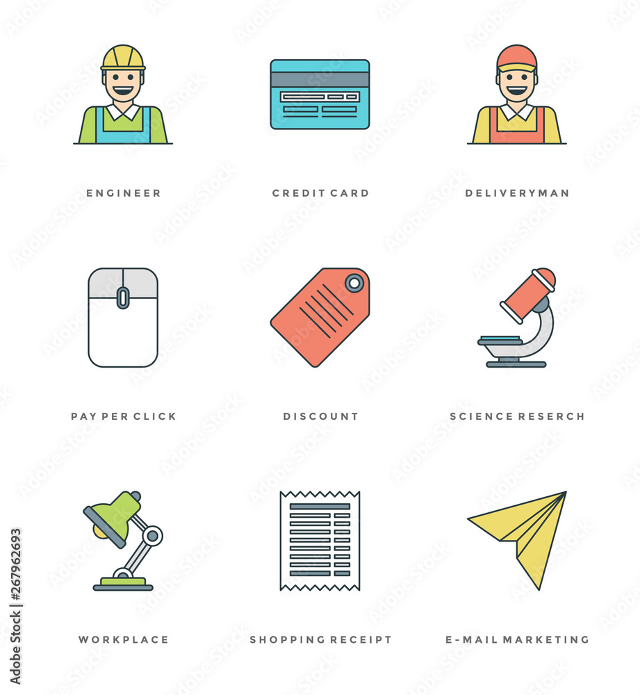 Poster flat line simple icons set. thin linear stroke vector essentials objects symbols.