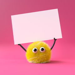 3d cute monster holding up a blank sign,colorful cartoon character,empty banner © Jane