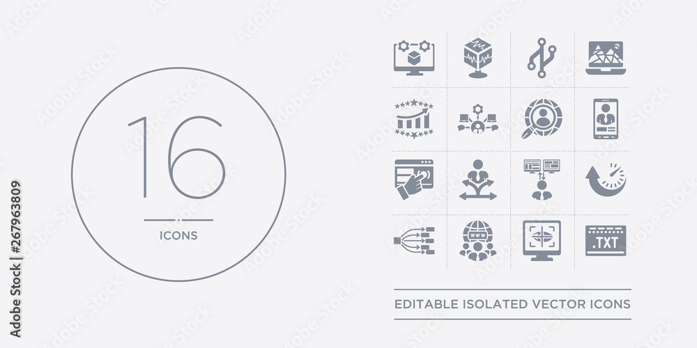Poster 16 vector icons set such as text editor, tracking, internet traffic, type hierarchy, uptime and down