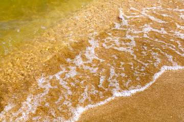 Little frothy waves of the sea on the sandy beach. Foamy wave rolls on the golden sand of the beach