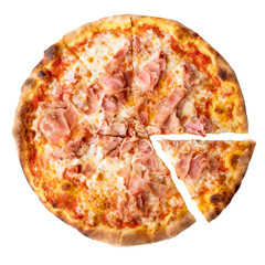 Sliced ham pizza isolated on white background