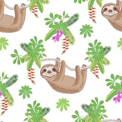 Seamless Pattern with Sloths in Jungle