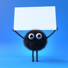 3d cute monster holding up a blank sign,colorful cartoon character,empty banner