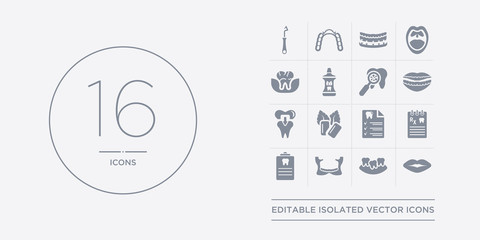 16 vector icons set such as lips, malocclusion, maxilla, medical appointment, medical prescription contains medical record, mint gum, molar crown, mouth. lips, malocclusion, maxilla from dentist