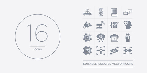 16 vector icons set such as bionic contact lens, bionic eye, body scan, chip, cloning contains cloud computing, cloud intelligence, cpu, cyborg. bionic contact lens, eye, body scan from artificial