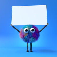 3d cute monster holding up a blank sign,colorful cartoon character,empty banner