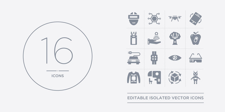 16 vector icons set such as robots and humans, rotation, sensorama, smart clothing, smart glasses contains smart lens, smartwatch, solar energy car, synthetic food. robots and humans, rotation,