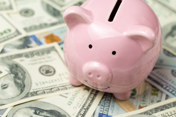 Pig piggy bank on the background of 100 US dollar bills and physical coins of bitcoins. Concept of wealth and exchange.