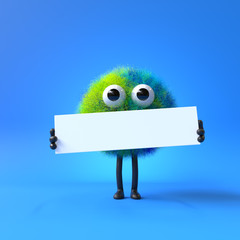 3d cute monster holding up a blank sign,colorful cartoon character,empty banner
