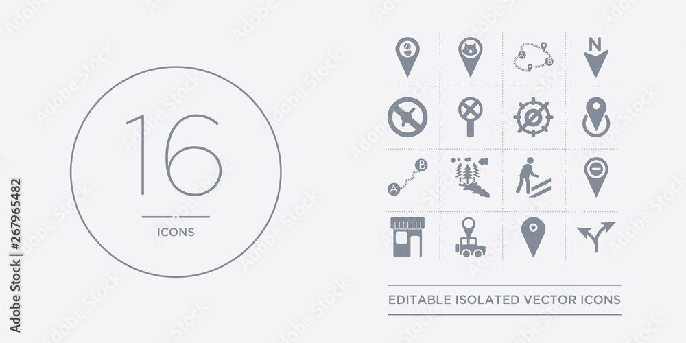 Poster 16 vector icons set such as map layer, map pin, map transports, marked place, minus location contain